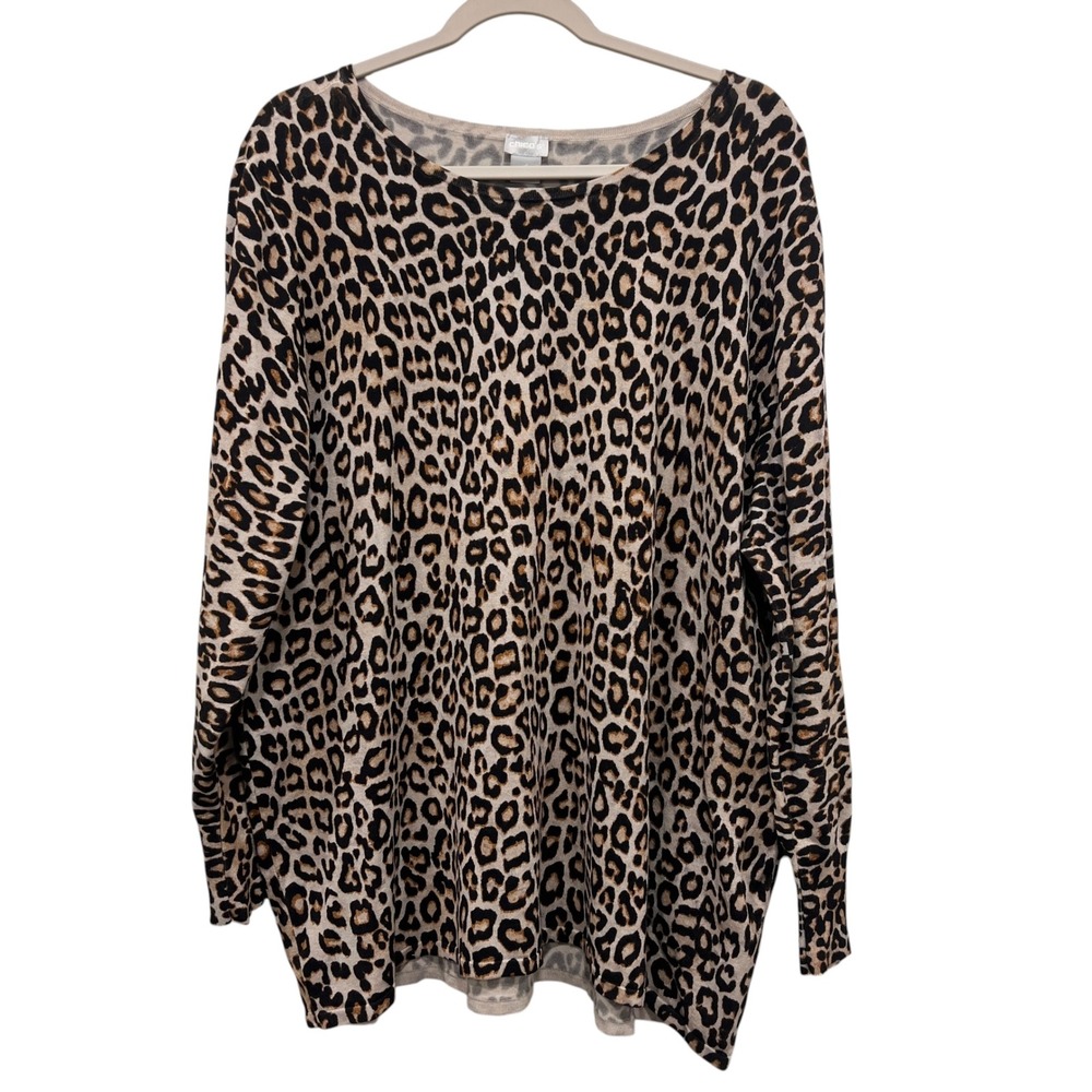 Chico's Leopard Print Long Sleeve Sweater Scoop Neck Animal Print Size 4 XXL